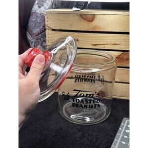 Vintage Tom’s Toasted Peanuts Glass Jar with Red Lid – 5¢ Advertising Display